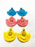 Gold Jeweled Double Fan Raffia Post Mount Earrings (also available in black)