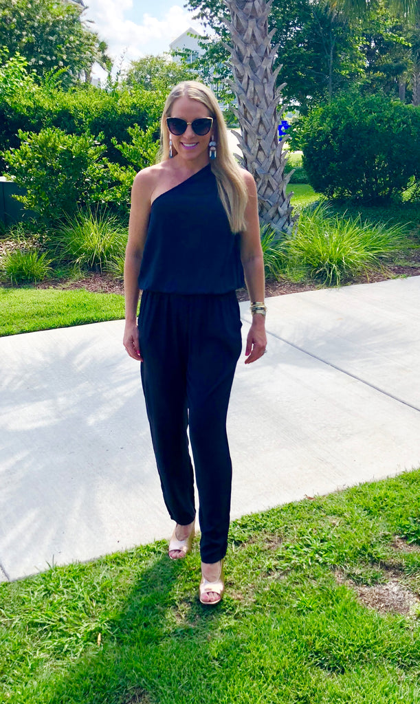 Navy One Shoulder Jumpsuit with Pockets James Ascher