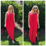 Tomato Red OR Black Maxi Dress with Pleated Front & Beautiful SHEEN!