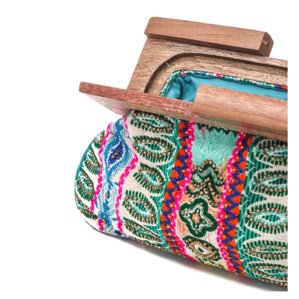 Neon Pink, Seafoam Green, Blue & Gold Beaded Boho Clutch with Wood Top ...
