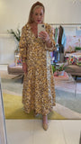 Designer Inspired Mustard & Black Floral Ruffle Trim Puff Sleeve Maxi Dress