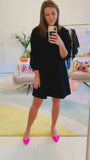 Black CORDUROY Shirred Puff Sleeve Shift Dress with Keyhole Back