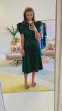 Emerald Green Leather Pleated Midi Skirt & Bow Back Puff Sleeve Top SET