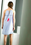 Blue Stripe Embroidered Birds of Paradise Shift Dress with Hot Pink Back Tassel Tie