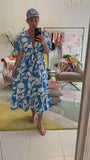Azure Blue & White Puff Sleeve Resort Dress with Bow Front