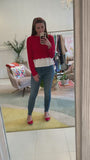 Red Knit Scalloped Sweater with White Pleated Shirttail Peplum Hem