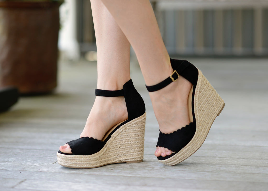Black SCALLOPED Wedge Espadrilles James Ascher
