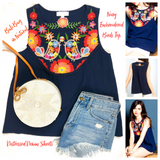 Navy Sleeveless Embroidered Birds Top