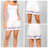 White Floral Embroidered Elastic Waist Shorts with Front Pockets