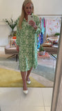 Green & Ivory Leaf Print Button Front Collared Dress