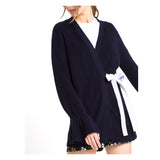 Navy Round Knit Cardigan with Blue Pinstripe Self Tie Waist & Ruffle Cuff Sleeves + Pockets