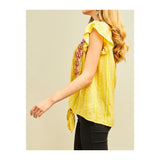 Yellow Embroidered Tie Front Ruffle Sleeve Top