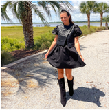 Black Poplin & Knit Contrast Bellaria Dress with Pockets