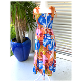 Coral Pink & Blue Smocked Maui Tie Shoulder Linen Like Dress