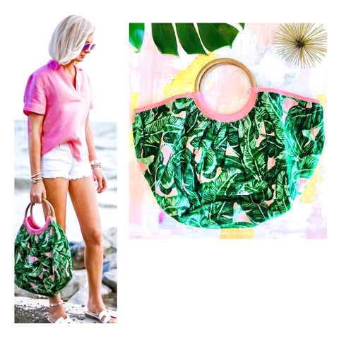 Troop Palm Springs Pink & Green Palm Leaf Shirred Tote Bag with Wooden Top Handle