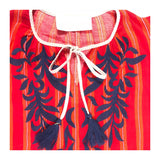 Red Orange Ivory Pinstripe Flutter Sleeve  Embroidered Tassel Tie Top with Rope Trim