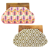 Pink & Orange OR Black Metallic Gold & Ivory Embroidered Boho Clutch with Wood Top