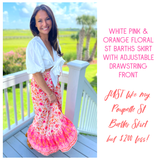White Pink & Orange Floral St Barths Skirt with Adjustable Drawstring Front