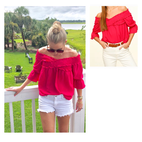 Fuchsia 3/4 Sleeve Smocked Off the Shoulder Top with Ruffle Trim