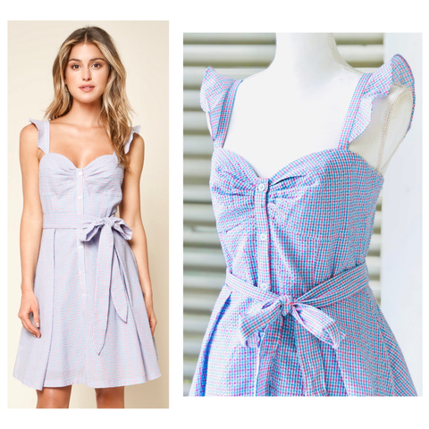 Pink & Blue Seeesucker Gingham Flutter Sleeve Dress with Bustier Bodice & Front Pleat