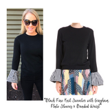 Black Fine Knit Sweater with Gingham Flute Sleeves & Banded Waist