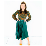 Emerald Green Leather Pleated Midi Skirt & Bow Back Puff Sleeve Top SET