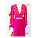 Hot Pink & Poppy Red Spots Bishop Sleeve Button Down Top