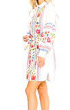White Button Down Floral Bubble Sleeve Shirtdress with Self Belt Tie
