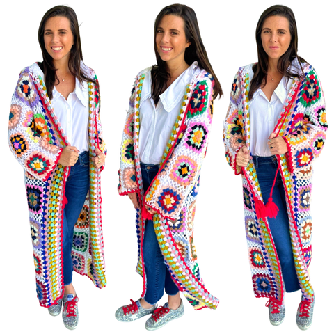 Rainbow Hued *HANDMADE* Crochet Knit Hooded Cardigan
