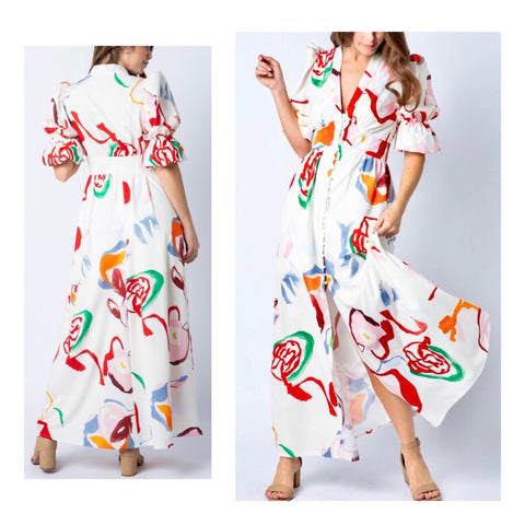 White Multicolor Abstract Floral Print Button Down Maxi Dress with Puff Sleeves & Banded Waist