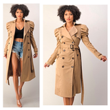 Camel Shirred Puff Sleeve Double Breasted Sophisticated Belted Trench Coat