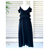 Black Wraparound Ruffle Trim Midi Dress