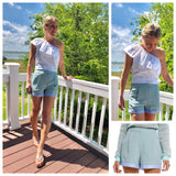 Jade Green Woven Shorts with Blue Stripe Satin Ribbon Hem (Matching Top Sold Separately)