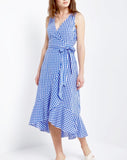 Royal Blue and White Gingham Midi Dress with Tie Waist