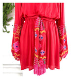 Magenta EMBROIDERED Long Puff Sleeve Dress with Self Tie Tassel Sash