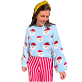 Blue Jolly Sweater with Fuzzy Santas