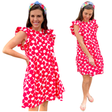 Red Daisy Cotton Ramie Dress with Pockets
