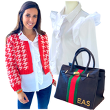 Pink & Red Houndstooth Open Front Knit Peppermint Cardigan