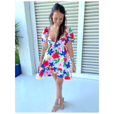 White Primary Floral Puff Sleeve Mallory Dress