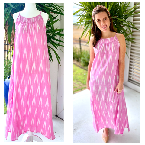 Pink Ikat Block Print Cotton Maxi Slip Dress