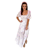 Lavender Baby Blue & Off White Puff Sleeve Ribbon Trimmed Maxi Dress with Shirred Bust & Scoop Back
