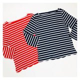 Red or Navy Striped Scalloped Hem 3/4 Sleeve Boatneck Top