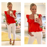Bright Red Tiered Ruffle Peplum Top with Ruched Bust & Banded Waist