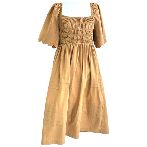 Khaki SCALLOPED Puff Sleeve Poplin Smocked Natalia Dress - James Ascher