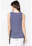 Navy White Stripe Sleeveless Knit Top with Grommets & Side Ties