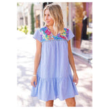 Blue White Stripe EMBROIDERED TEXTILE Flutter Sleeve Dress with Keyhole Back