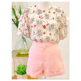 Ivory, Seafoam Green, Blush Pink & Bright Red with Lavender Grey Accent Puff Sleeve Top with Cutout Detail & Keyhole Back