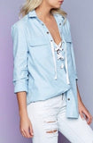 Lace Up Chambray Button Down Tunic Top