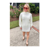 Winter White Cowl Neck Sweater Dress or Tunic with Pleated Balloon Sleeves