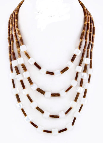 Wood and White Bead Multi Strand Necklace